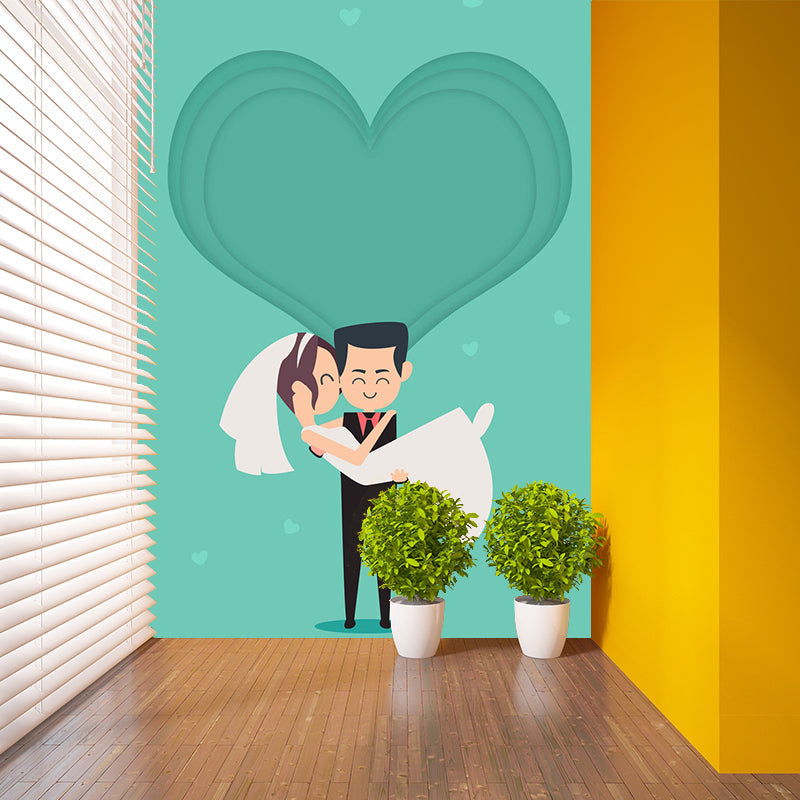 Newlyweds Wall Murals Cartoon Style Stain Resistant Bedroom Wall Decoration, Personalized Size Clearhalo 'Wall Decor' 'Wall Mural' 1183856