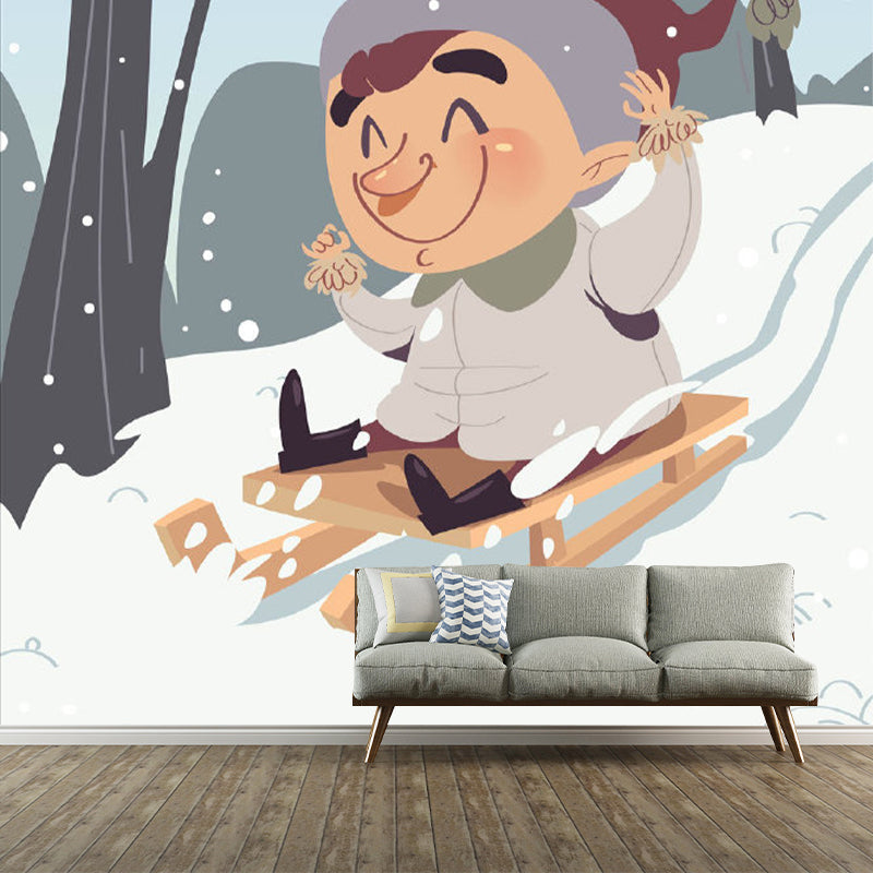 Grey-White Skiing Mural Wallpaper Stain Resistant Wall Covering for Kids Bedroom Clearhalo 'Wall Decor' 'Wall Mural' 1183880