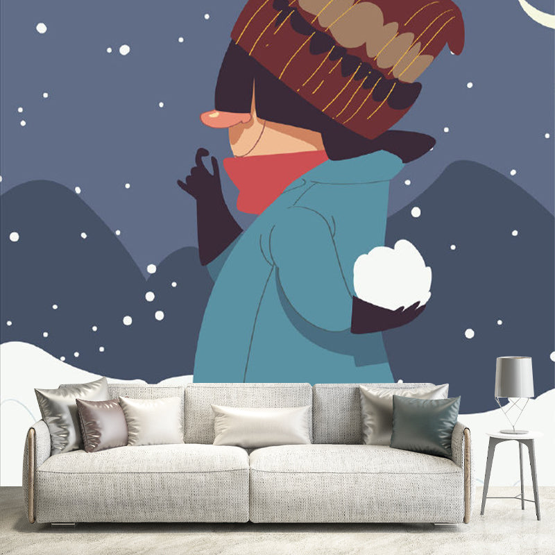 Illustration Snowball Game Murals for Kids Bedroom, Grey and Green, Made to Measure Gray-Green Clearhalo 'Wall Decor' 'Wall Mural' 1183884