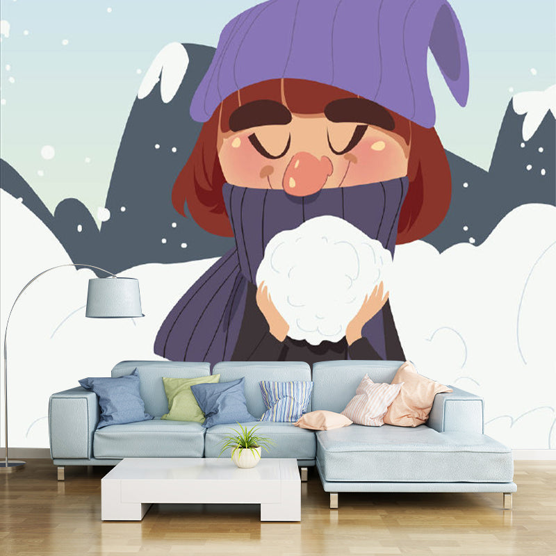 Cartoon Girl in Snow Mural Grey and Purple Childrens Bedroom Wall Decor, Personalized Size Gray-Purple Clearhalo 'Wall Decor' 'Wall Mural' 1183894