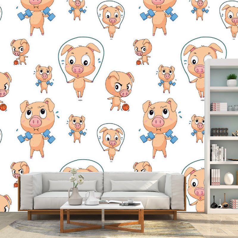 Brown Fitness Piglet Mural Wallpaper Stain-Proof Cartoon Kids Room Wall Art on White White-Brown Clearhalo 'Wall Decor' 'Wall Mural' 1183899