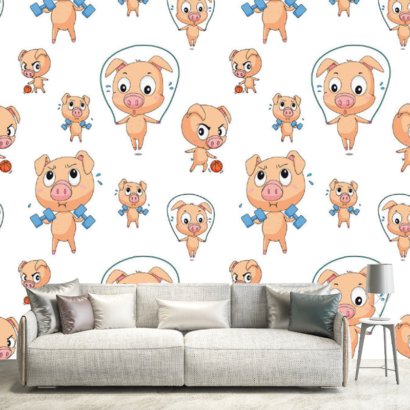 Brown Fitness Piglet Mural Wallpaper Stain-Proof Cartoon Kids Room Wall Art on White Clearhalo 'Wall Decor' 'Wall Mural' 1183900