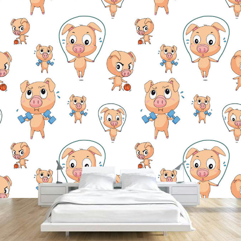 Brown Fitness Piglet Mural Wallpaper Stain-Proof Cartoon Kids Room Wall Art on White Clearhalo 'Wall Decor' 'Wall Mural' 1183901