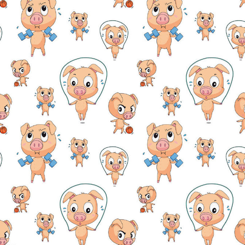 Brown Fitness Piglet Mural Wallpaper Stain-Proof Cartoon Kids Room Wall Art on White Clearhalo 'Wall Decor' 'Wall Mural' 1183902