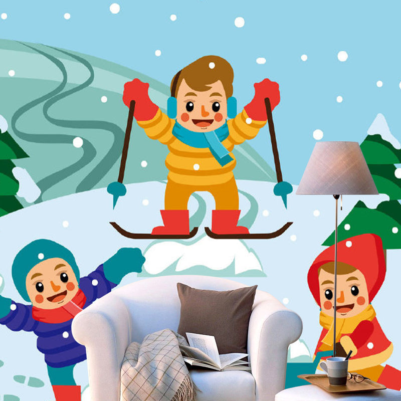 Fun Time in Snow Murals Cartoon Waterproof Childrens Room Wall Covering, Customized Size Clearhalo 'Wall Decor' 'Wall Mural' 1183905