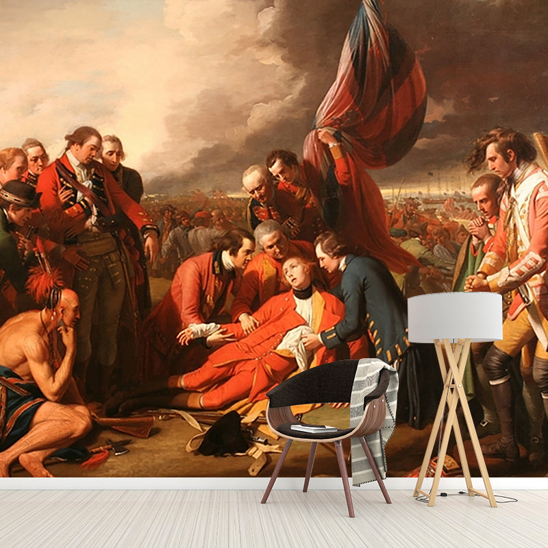 Custom Size Illustration Vintage Murals with The Death of General Wolfe Pattern in Red Brown Clearhalo 'Wall Decor' 'Wall Mural' 1184075