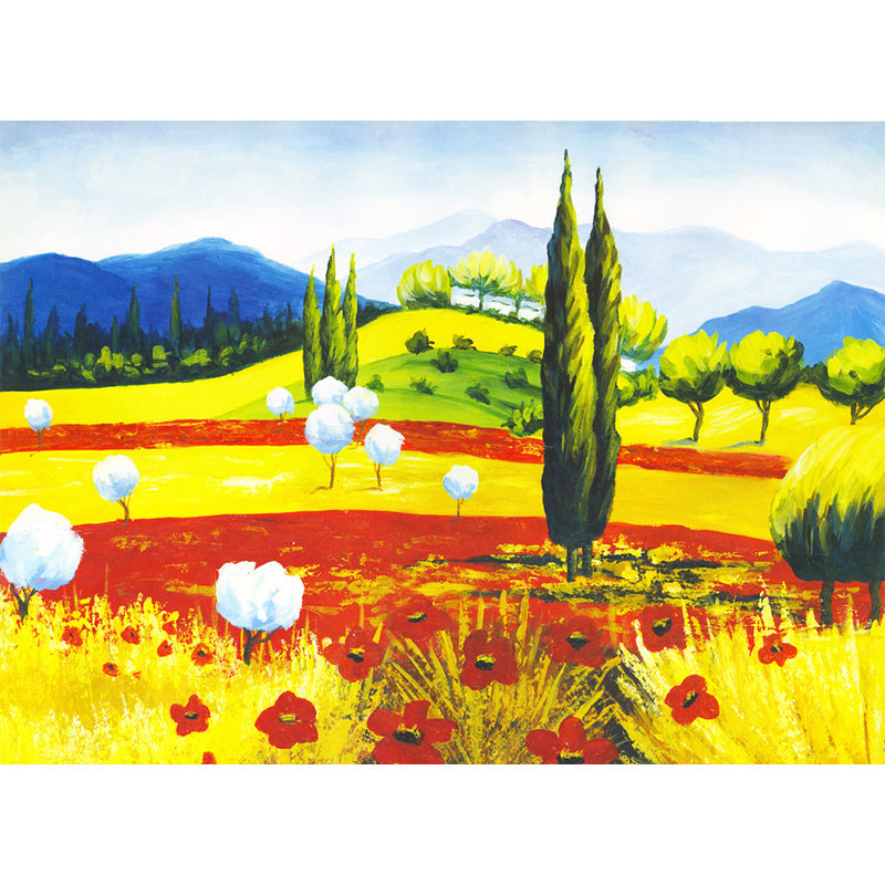 Classic Cotton Shrubs Murals Red-Yellow-Blue-Green Landscape Painting Wall Decor Clearhalo 'Wall Decor' 'Wall Mural' 1184082