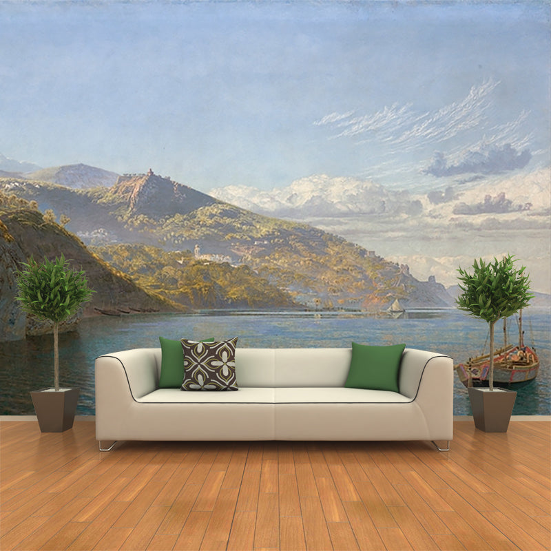 Mountain River Scenery Wall Murals Classic Moisture Resistant Living Room Wall Covering, Blue-Brown Clearhalo 'Wall Decor' 'Wall Mural' 1184091