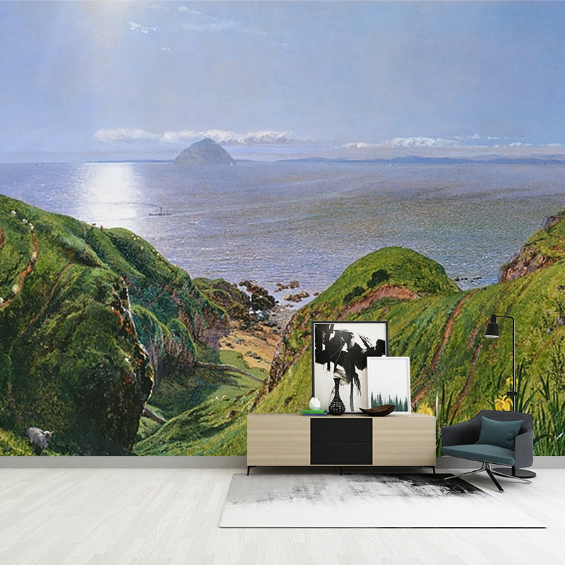 Blue-Green Coast Mountains Mural Landscape Modern Waterproof Wall Art for Home Decor Clearhalo 'Wall Decor' 'Wall Mural' 1184111