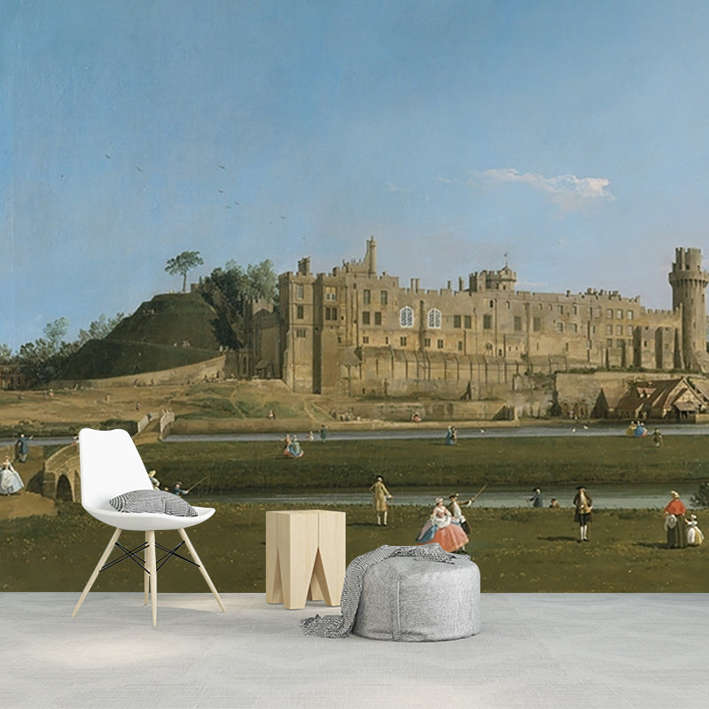 Canaletto Warwick Castle Painting Murals for Bedroom Full Size Wall Decor in Blue-Green Clearhalo 'Wall Decor' 'Wall Mural' 1184115