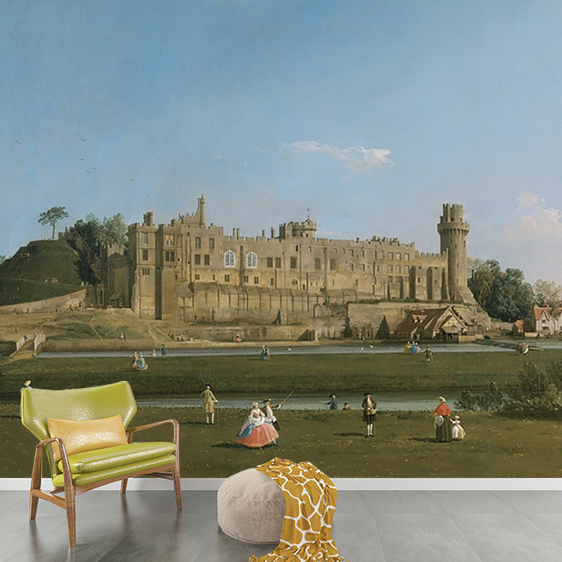 Canaletto Warwick Castle Painting Murals for Bedroom Full Size Wall Decor in Blue-Green Clearhalo 'Wall Decor' 'Wall Mural' 1184116