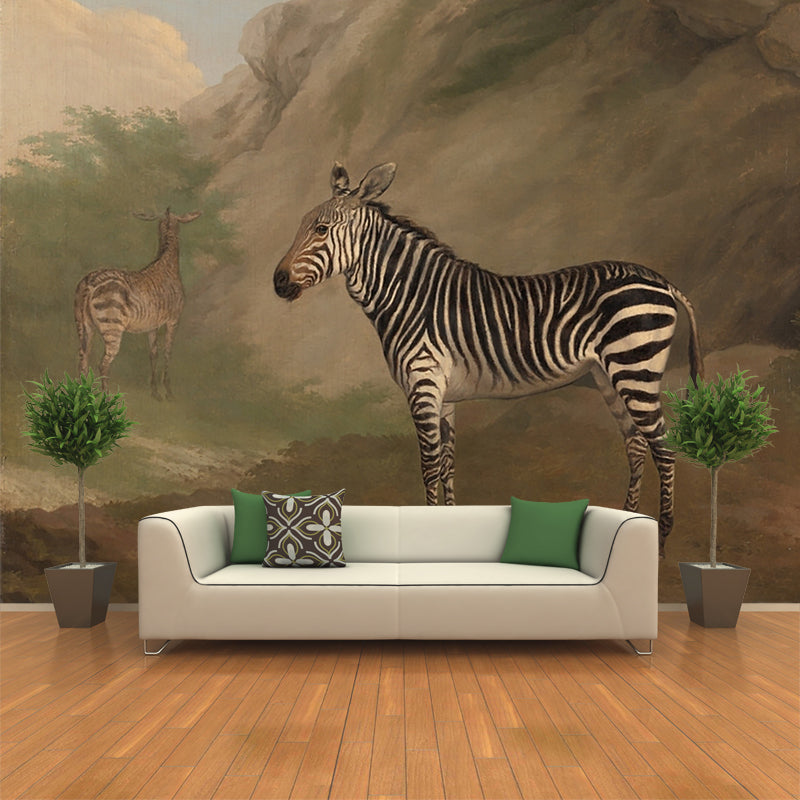 Brown Zebra Drawing Wallpaper Murals Animals Theme Rural Stain-Proof Wall Art for Stairs Clearhalo 'Wall Decor' 'Wall Mural' 1184136