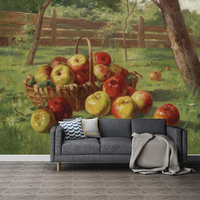 Waterproof Basket of Apple Murals Decal Non-Woven Fabric Countryside Wall Art for Home Red-Green Clearhalo 'Wall Decor' 'Wall Mural' 1184139