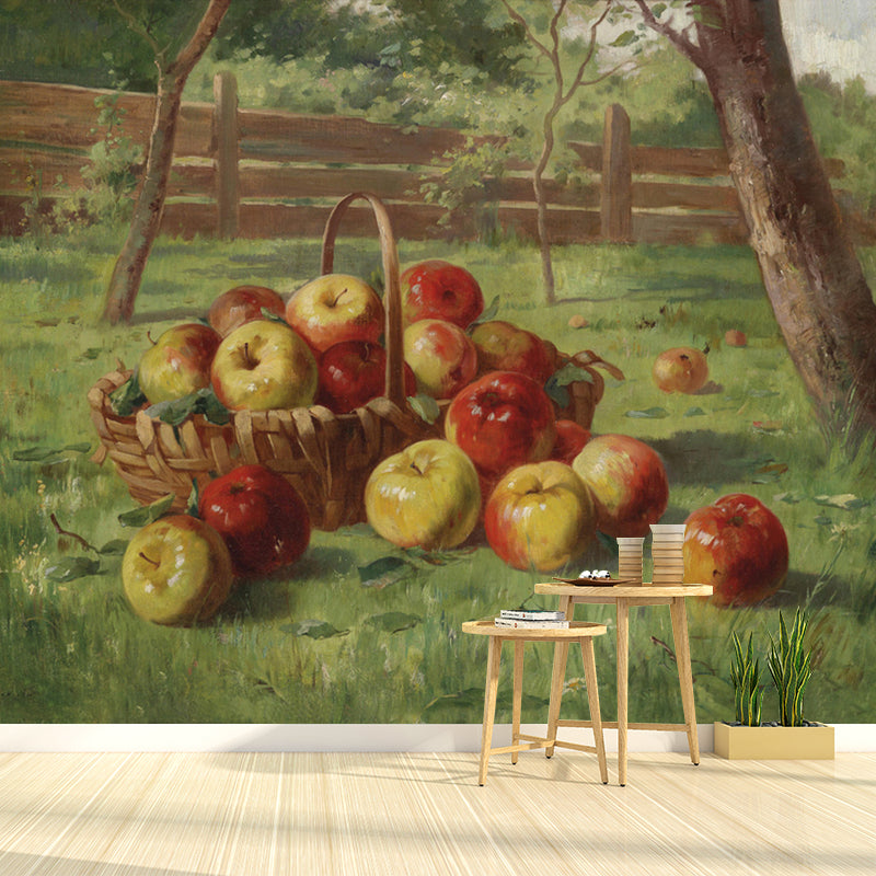 Waterproof Basket of Apple Murals Decal Non-Woven Fabric Countryside Wall Art for Home Clearhalo 'Wall Decor' 'Wall Mural' 1184141