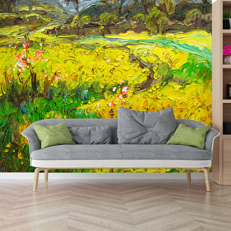 Artistic Summer Field Mural Wallpaper for Bedroom Decor Full Size Wall Covering in Yellow-Green Clearhalo 'Wall Decor' 'Wall Mural' 1184151