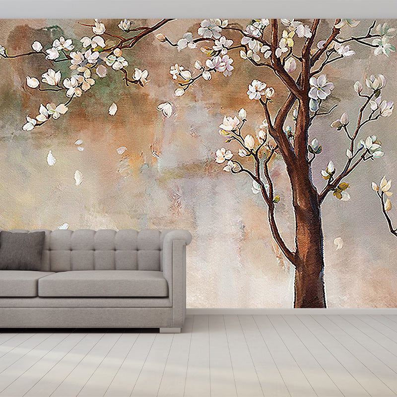 Brown Japanese Wall Covering Murals Custom Flowering Plum Tree Wall Decor for Bedroom Clearhalo 'Wall Decor' 'Wall Mural' 1184160