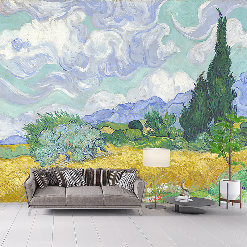 Wheat Field with Cypresses Mural Classic Moisture Resistant Bedroom Wall Covering, Optional Size Yellow-Green Clearhalo 'Wall Decor' 'Wall Mural' 1184169