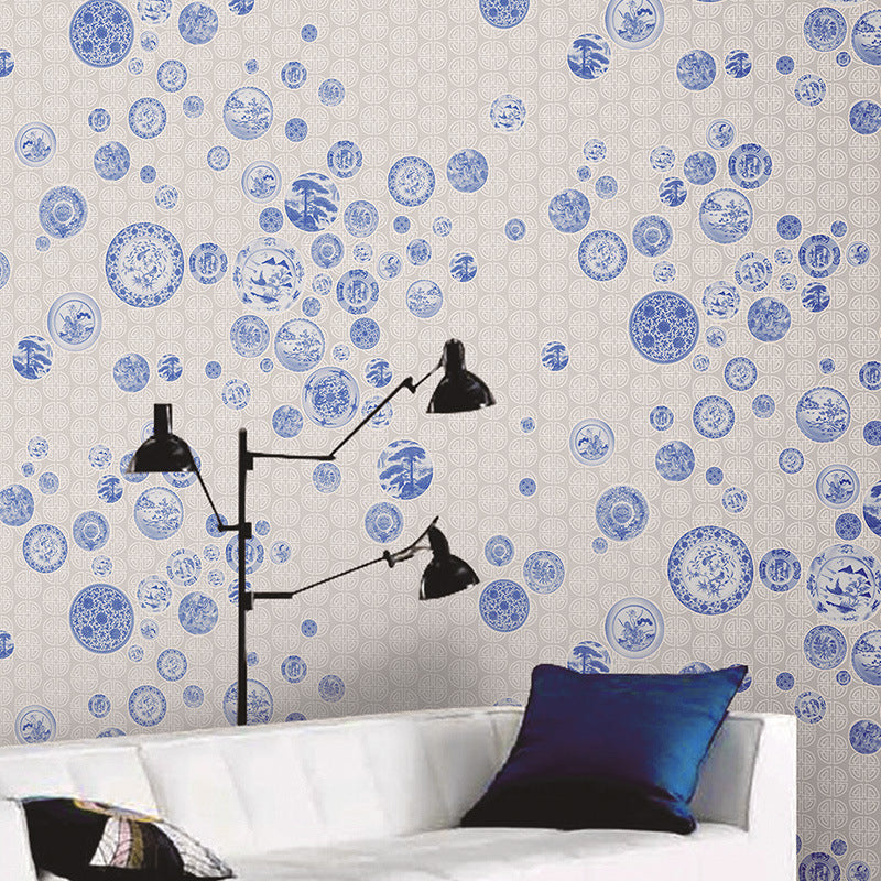 57.1-sq ft Chinoiserie Wallpaper White and Navy Porcelain Pattern Wall Decor for Living Room White-Navy Clearhalo 'Wall Decor' 'Wallpaper' 1184602