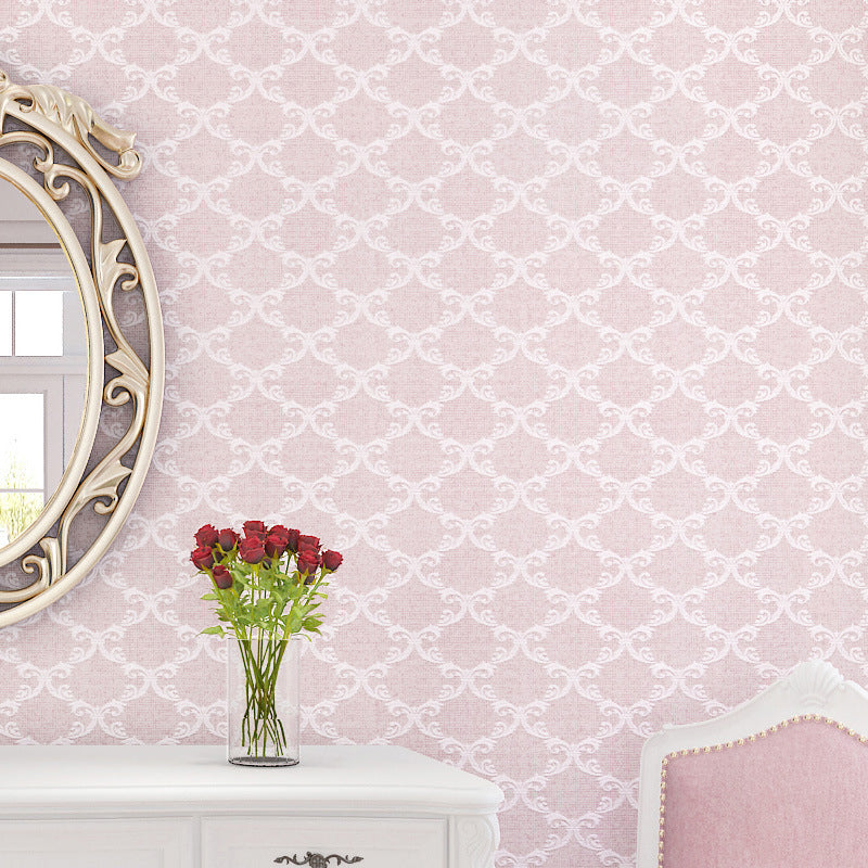 Retro Lattice Patterned Wallpaper Soft Color Scroll Frame Wall Art for Dining Room Light Pink Clearhalo 'Vintage wall decor' 'Vintage' 'Wallpaper' Wall Decor' 1184743