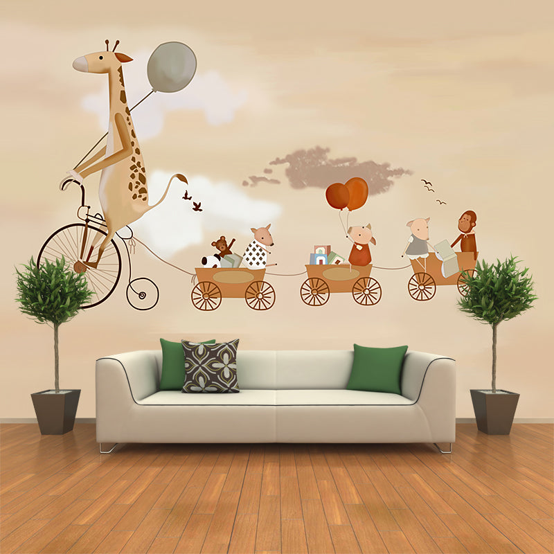 Illustration Animals with Bike Murals Wallpaper for Accent Wall, Brown, Personalised Size Brown Clearhalo 'Wall Decor' 'Wall Mural' 1185674