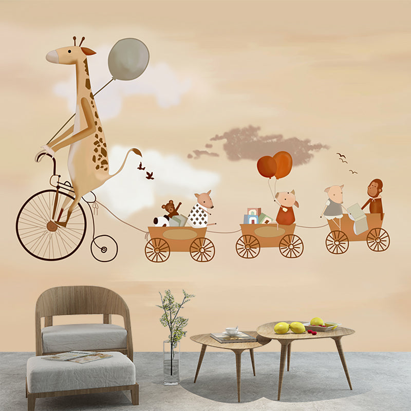 Illustration Animals with Bike Murals Wallpaper for Accent Wall, Brown, Personalised Size Clearhalo 'Wall Decor' 'Wall Mural' 1185675