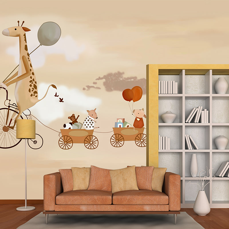 Illustration Animals with Bike Murals Wallpaper for Accent Wall, Brown, Personalised Size Clearhalo 'Wall Decor' 'Wall Mural' 1185676