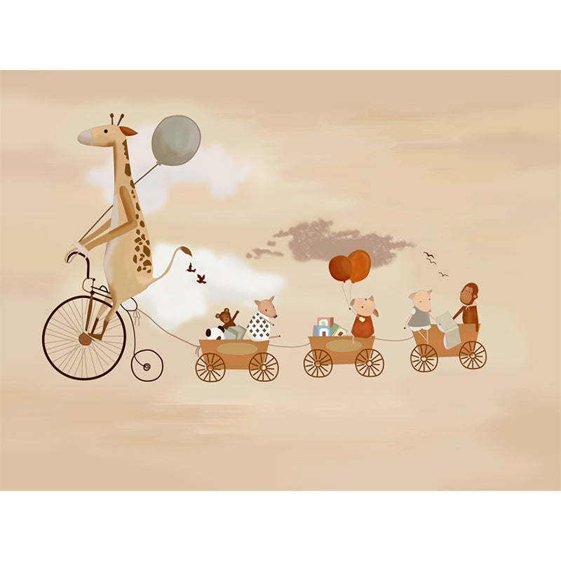 Illustration Animals with Bike Murals Wallpaper for Accent Wall, Brown, Personalised Size Clearhalo 'Wall Decor' 'Wall Mural' 1185677