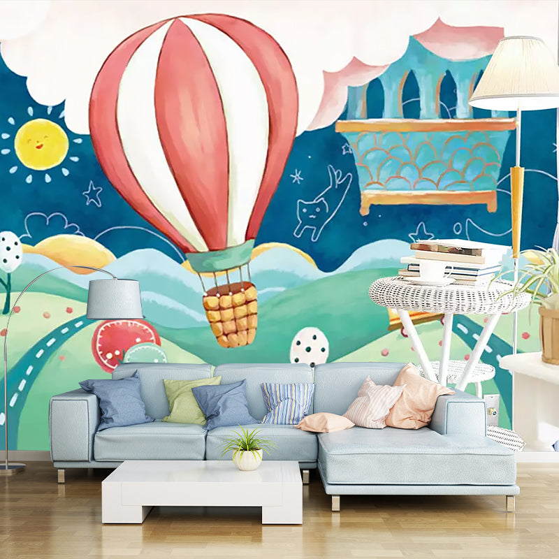 Hot Air Balloon Mural Wallpaper in Pastel Color, Childrens Art Wall Covering for Nursery Red-Blue-Green Clearhalo 'Wall Decor' 'Wall Mural' 1185679