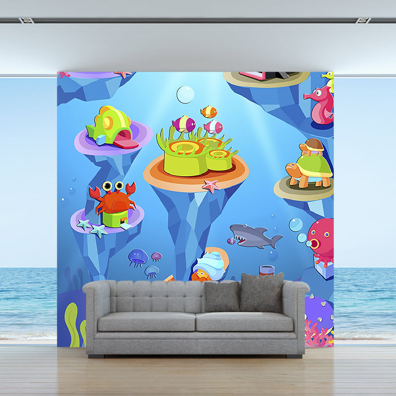 Stain Resistant Fantasy Murals Personalised Size Cartoon Wall Covering for Accent Wall Blue-Green Clearhalo 'Wall Decor' 'Wall Mural' 1185689