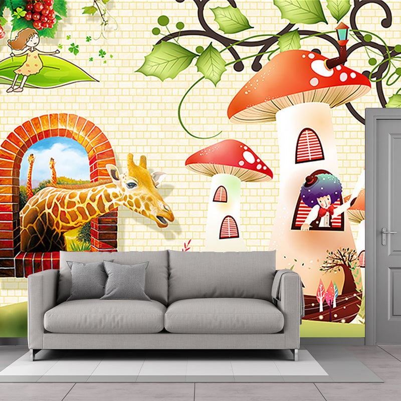 Colorful Cartoon Wall Paper Murals Extra Large Wonderland Wall Art for Kids Room Brown-Green-Yellow Clearhalo 'Wall Decor' 'Wall Mural' 1185694