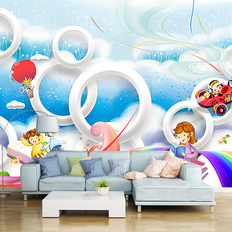 Non-Woven Stain Resistant Murals Childrens Art Adventure Wall Covering, Blue and White Blue-White Clearhalo 'Wall Decor' 'Wall Mural' 1185709