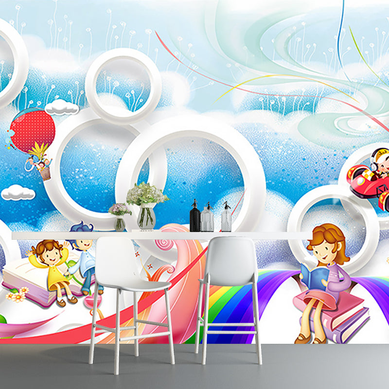 Non-Woven Stain Resistant Murals Childrens Art Adventure Wall Covering, Blue and White Clearhalo 'Wall Decor' 'Wall Mural' 1185710