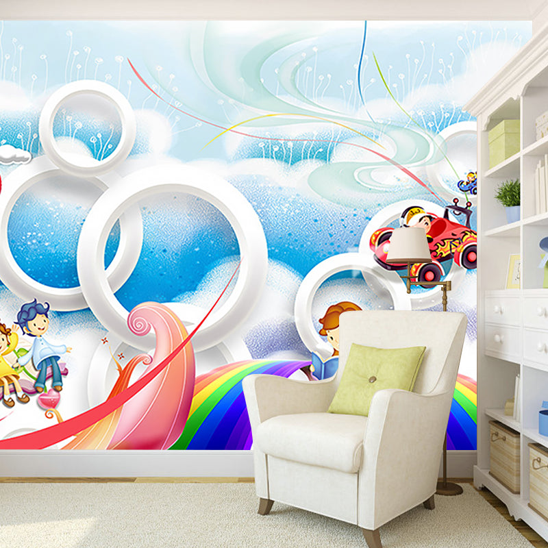 Non-Woven Stain Resistant Murals Childrens Art Adventure Wall Covering, Blue and White Clearhalo 'Wall Decor' 'Wall Mural' 1185711