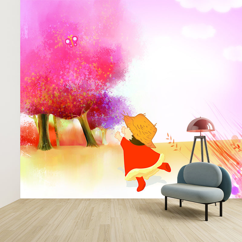 Stain Resistant Wall Paper Murals Cartoon Little Kids and Tree Wall Art, Personalised Size Clearhalo 'Wall Decor' 'Wall Mural' 1185716