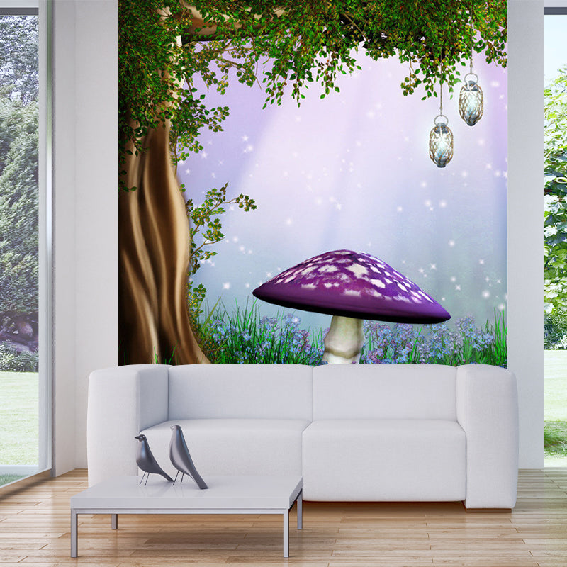 Plant Mushroom and Tree Murals Non-Woven Fabric Stain Resistant Purple and Green Wall Art for Kids Room Purple-Green Clearhalo 'Wall Decor' 'Wall Mural' 1185744