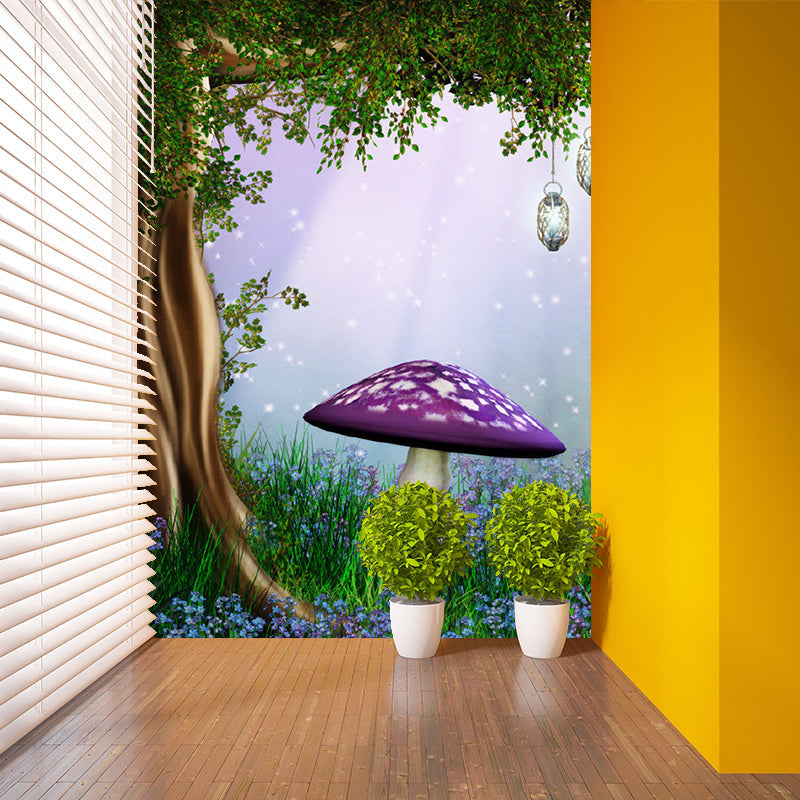 Plant Mushroom and Tree Murals Non-Woven Fabric Stain Resistant Purple and Green Wall Art for Kids Room Clearhalo 'Wall Decor' 'Wall Mural' 1185745