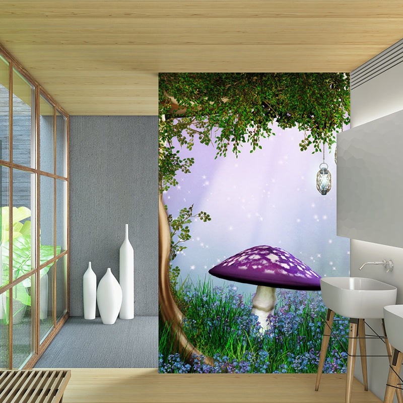 Plant Mushroom and Tree Murals Non-Woven Fabric Stain Resistant Purple and Green Wall Art for Kids Room Clearhalo 'Wall Decor' 'Wall Mural' 1185746