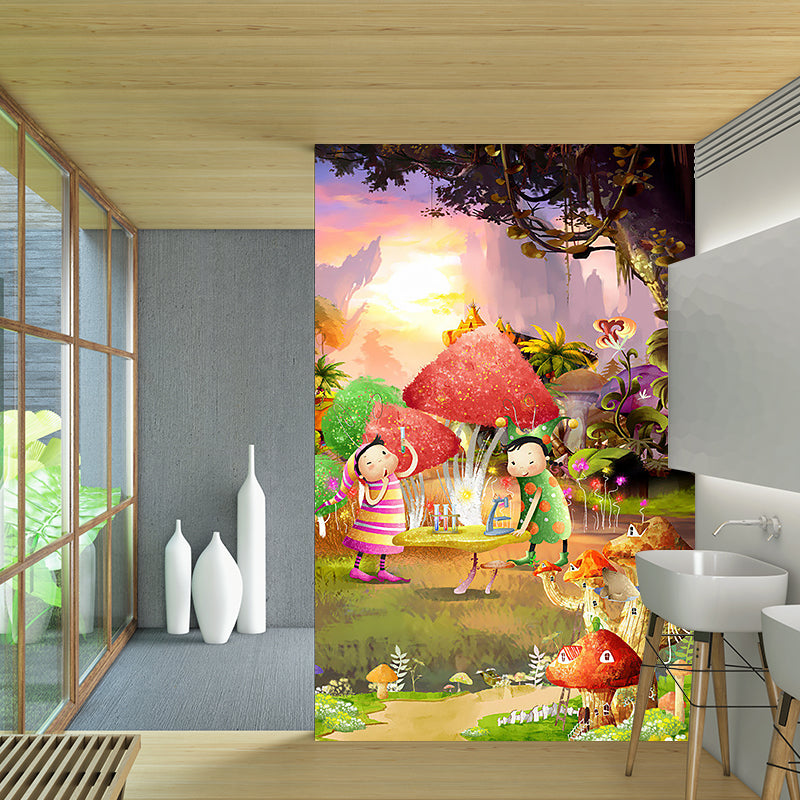 Fantasy Fairy Tale Mural Wallpaper for Baby Room Customized Wall Decor in Pink-Yellow-Green Pink-Yellow-Green Clearhalo 'Wall Decor' 'Wall Mural' 1185754