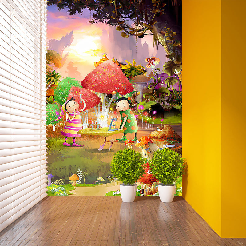 Fantasy Fairy Tale Mural Wallpaper for Baby Room Customized Wall Decor in Pink-Yellow-Green Clearhalo 'Wall Decor' 'Wall Mural' 1185755