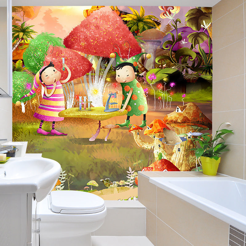 Fantasy Fairy Tale Mural Wallpaper for Baby Room Customized Wall Decor in Pink-Yellow-Green Clearhalo 'Wall Decor' 'Wall Mural' 1185756