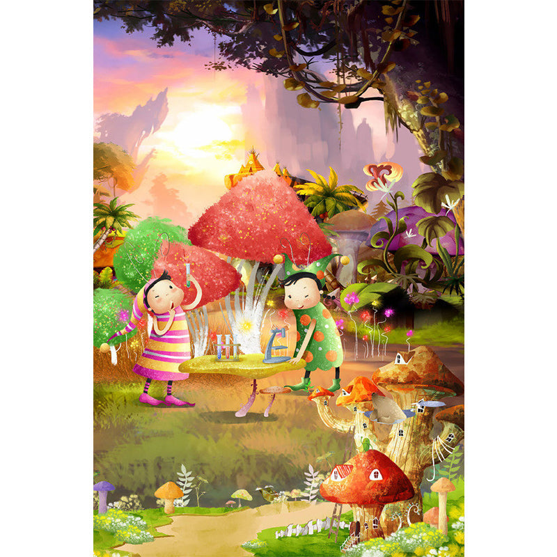 Fantasy Fairy Tale Mural Wallpaper for Baby Room Customized Wall Decor in Pink-Yellow-Green Clearhalo 'Wall Decor' 'Wall Mural' 1185757