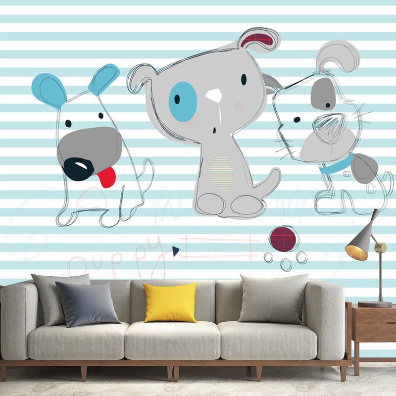 Full Size Stripe Mural Decal for Kids Room Puppy Patterned Wall Covering in Grey-Blue, Waterproof Gray-Blue Clearhalo 'Wall Decor' 'Wall Mural' 1185759