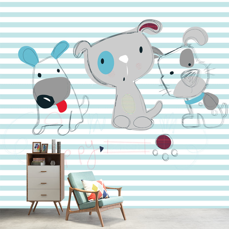 Full Size Stripe Mural Decal for Kids Room Puppy Patterned Wall Covering in Grey-Blue, Waterproof Clearhalo 'Wall Decor' 'Wall Mural' 1185760