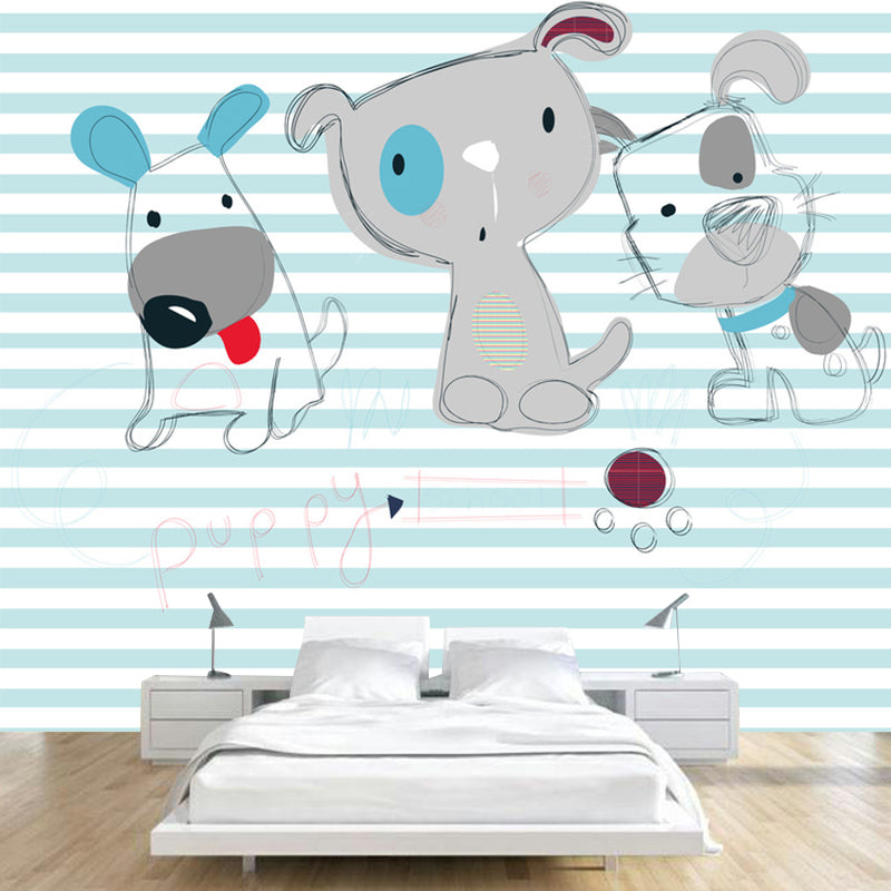 Full Size Stripe Mural Decal for Kids Room Puppy Patterned Wall Covering in Grey-Blue, Waterproof Clearhalo 'Wall Decor' 'Wall Mural' 1185761