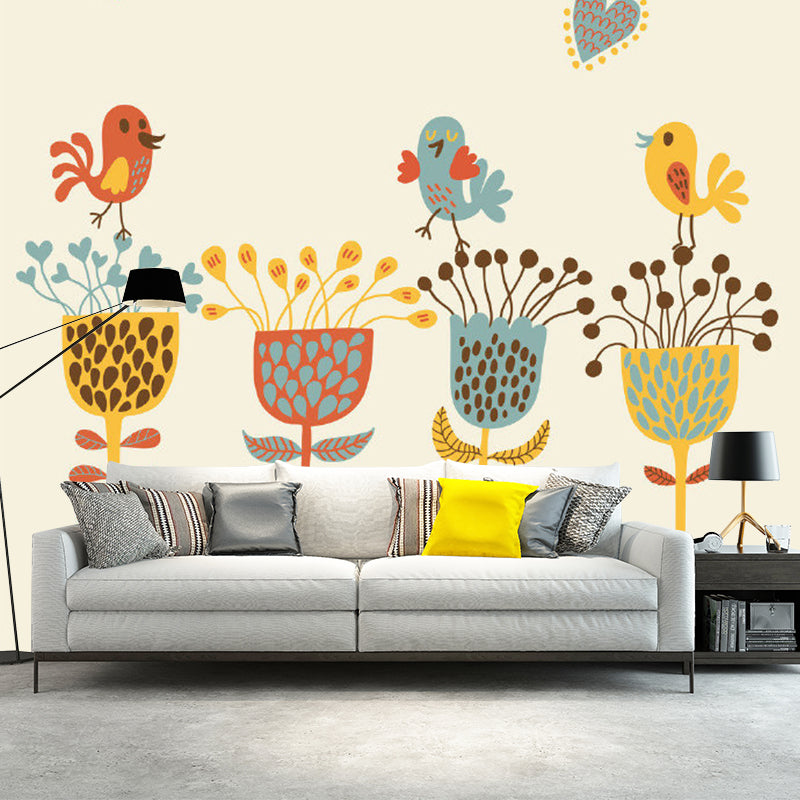 Childrens Art Baby Murals with Bird and Flower Drawing Pattern Blue-Yellow-Green Wall Decor for Home Blue-Yellow-Green Clearhalo 'Wall Decor' 'Wall Mural' 1185764