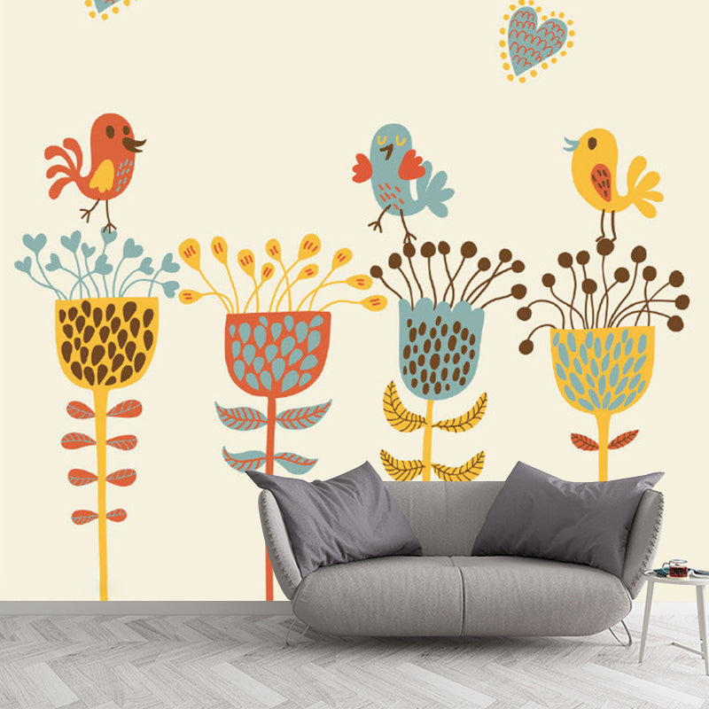 Childrens Art Baby Murals with Bird and Flower Drawing Pattern Blue-Yellow-Green Wall Decor for Home Clearhalo 'Wall Decor' 'Wall Mural' 1185765