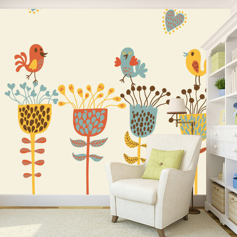 Childrens Art Baby Murals with Bird and Flower Drawing Pattern Blue-Yellow-Green Wall Decor for Home Clearhalo 'Wall Decor' 'Wall Mural' 1185766