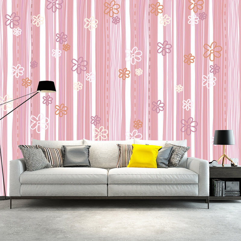 Cartoon Flower Striped Wall Murals Pink Water-Proof Wall Covering for Kids Bedroom Pink Clearhalo 'Wall Decor' 'Wall Mural' 1185774