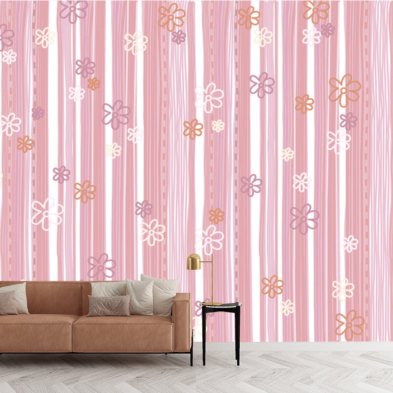 Cartoon Flower Striped Wall Murals Pink Water-Proof Wall Covering for Kids Bedroom Clearhalo 'Wall Decor' 'Wall Mural' 1185775