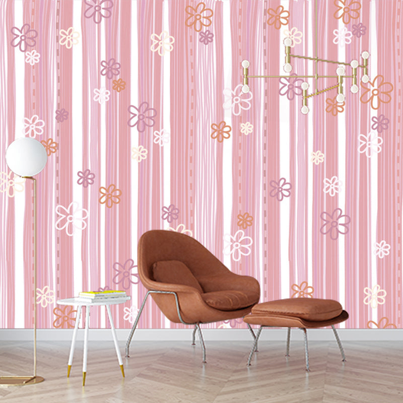 Cartoon Flower Striped Wall Murals Pink Water-Proof Wall Covering for Kids Bedroom Clearhalo 'Wall Decor' 'Wall Mural' 1185776